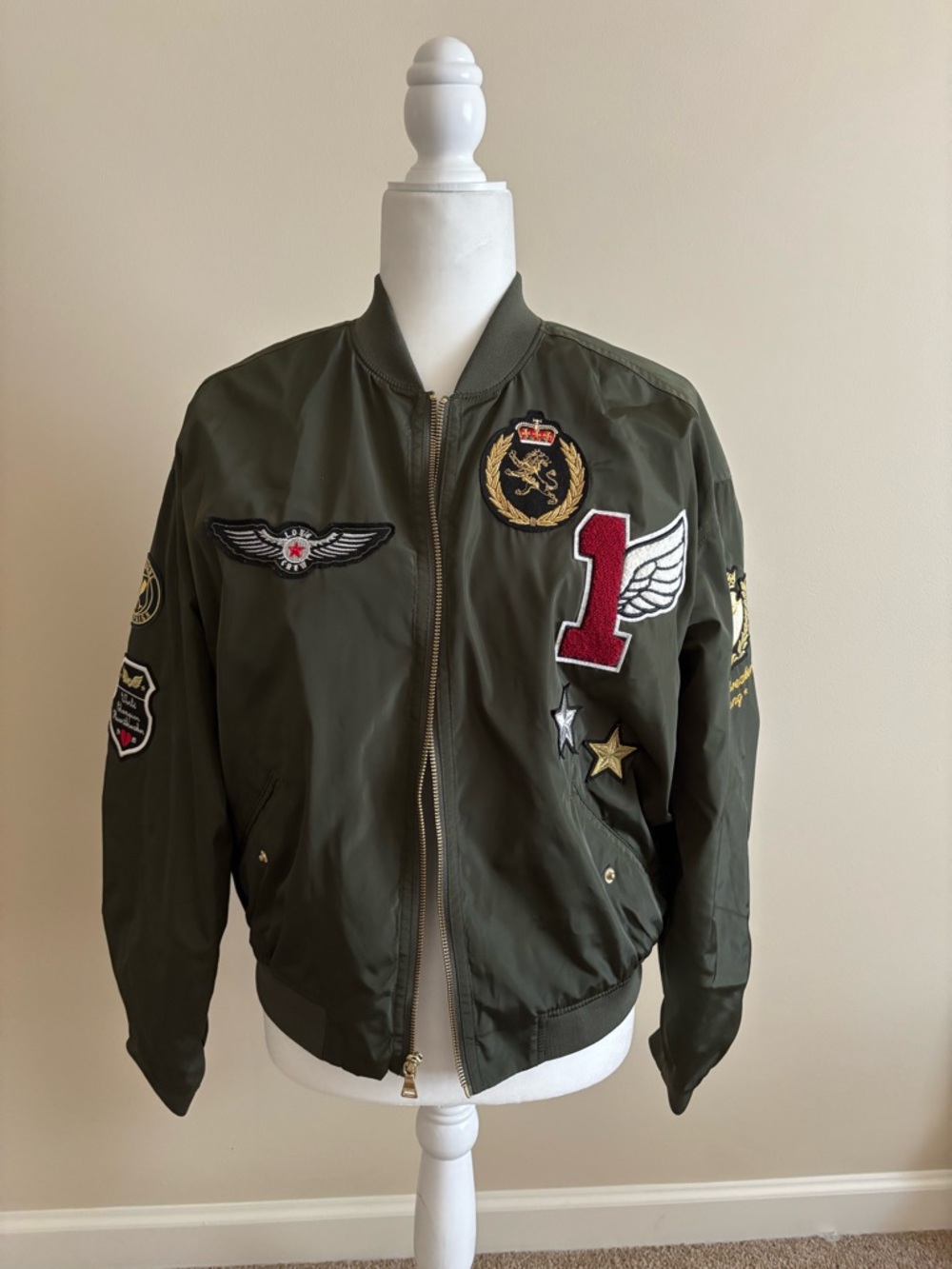 Express Olive Green Bomber Jacket with Patches